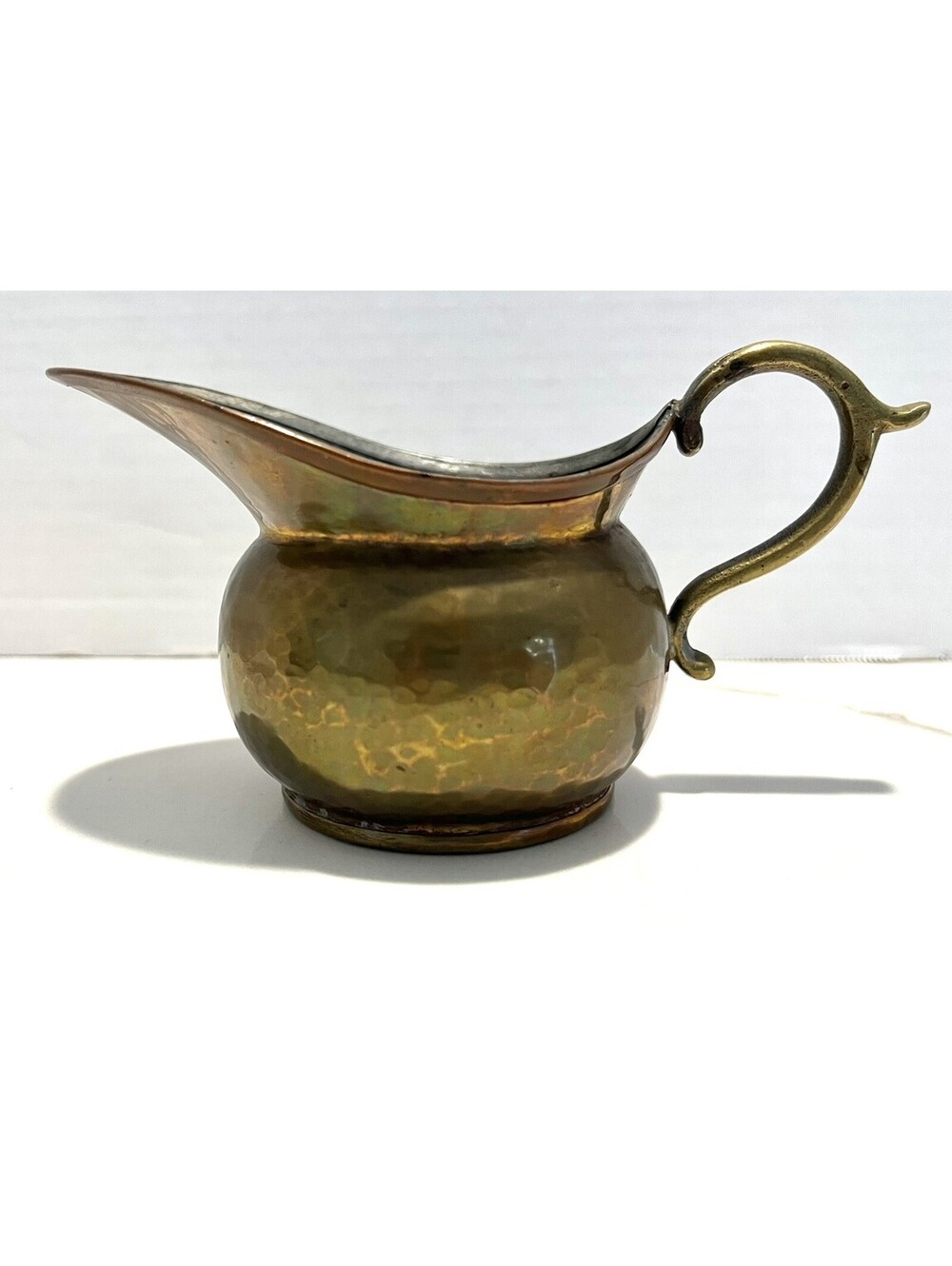 Vintage Hammered Brass Mini Pitcher Creamer Copper Rim Tin Lined 3”
